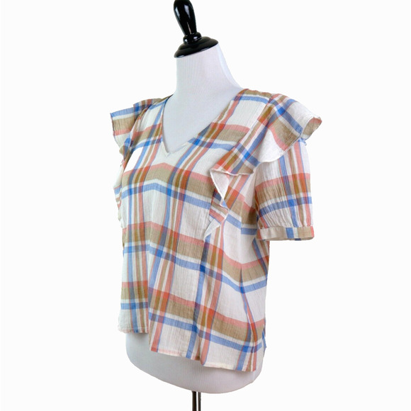 Madewell Size S V-Neck Shoulder-Ruffle Top Multicolor Plaid Cotton - Picture 1 of 11